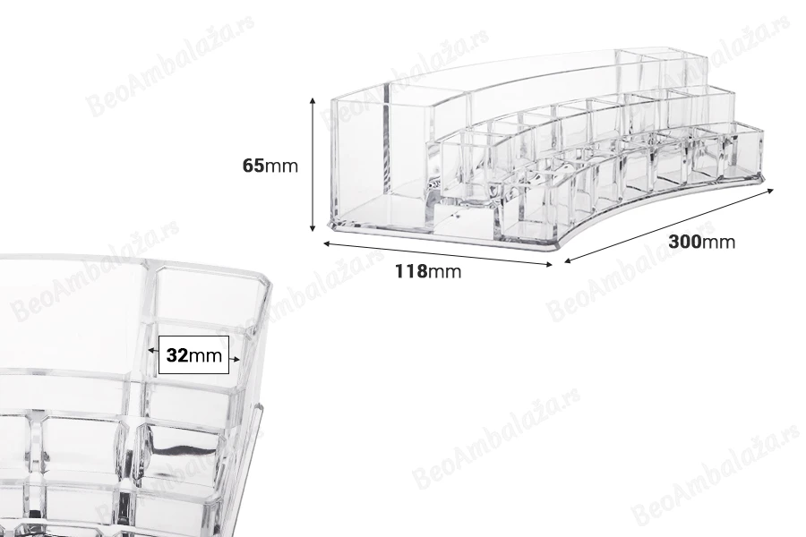 Stalak od pleksiglasa 300x118x65 mm - 3 nivoa, 19 otvora-dimenzije_slike