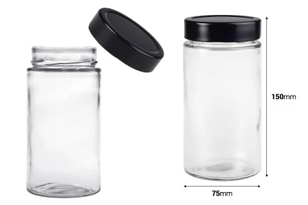 Cilindrična staklena tegla 500mL sa crnim zatvaračem T.O 70 Deep - 60 kom-2