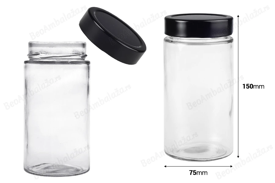 Cilindrična staklena tegla 500mL sa crnim zatvaračem T.O 70 Deep - 60 kom-dimenzije_slike