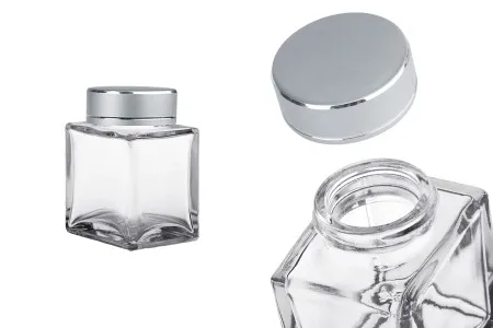 Luksuzna staklena tegla 100mL sa srebrnim mat zatvaračem i srebrnom trakom - 6 kom-1