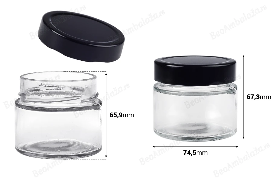 Cilindrična staklena tegla 150mL sa crnim zatvaračem T.O 70 Deep - 120 kom-dimenzije_slike
