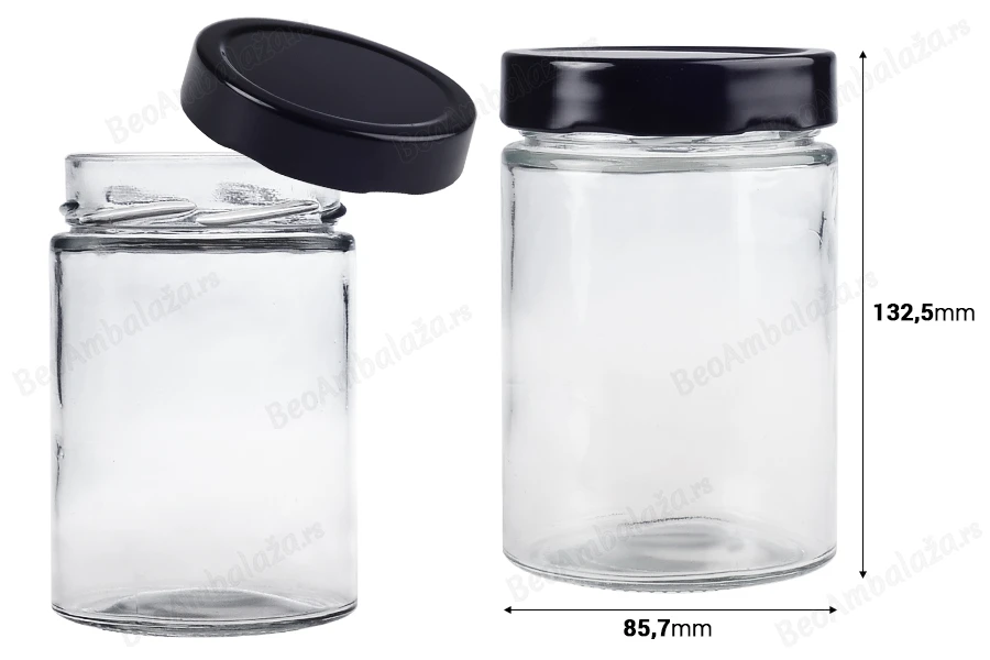 Cilindrična staklena tegla 500mL sa crnim zatvaračem T.O 82 Deep - 60 kom-dimenzije_slike