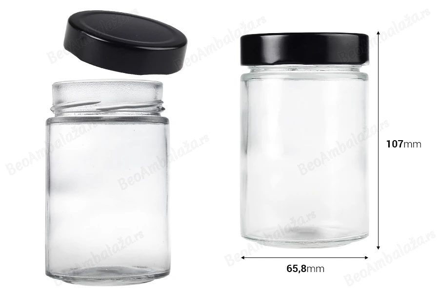 Cilindrična staklena tegla 220mL sa crnim zatvaračem T.O 63 Deep - 105 kom-dimenzije_slike