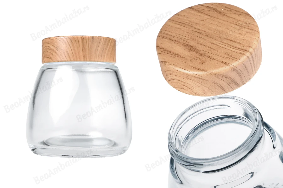 Staklena tegla 280mL sa plastičnim zatvaračem sa dezenom drveta - 6 kom-slika_proizvoda