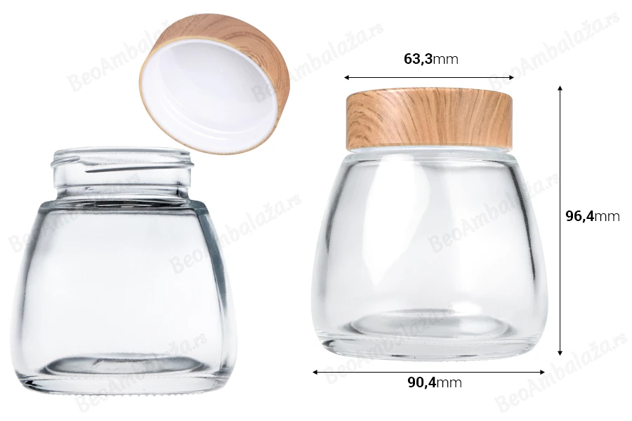 Staklena tegla 280mL sa plastičnim zatvaračem sa dezenom drveta - 6 kom-dimenzije_slike