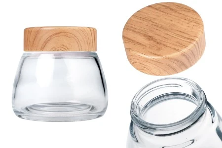Staklena tegla 360mL sa plastičnim zatvaračem sa dezenom drveta - 6 kom-1