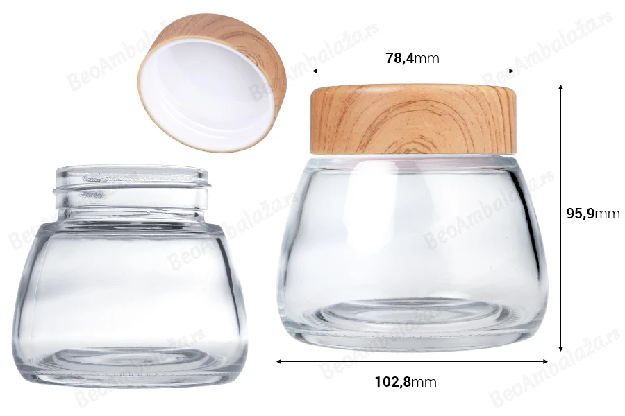 Staklena tegla 360mL sa plastičnim zatvaračem sa dezenom drveta - 6 kom-dimenzije_slike