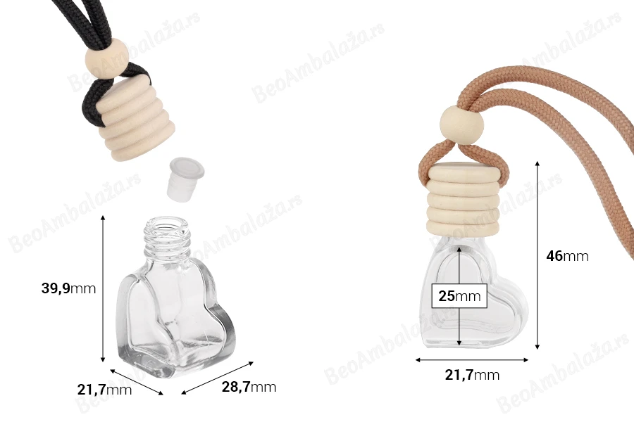 Bočica za osveživač automobila 4mL, srce sa plastičnim čepom, drvenim zatvaračem i zakačkom - 25 kom-dimenzije_slike