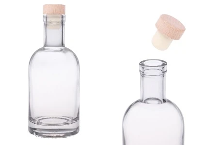 Staklena okrugla flašica od 200mL sa silikonskim čepom sa drvenom glavom-1