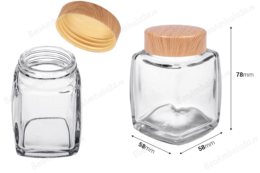 Staklena tegla 100mL sa plastičnim zatvaračem u dezenu drveta - 6 kom-dimenzije_slike
