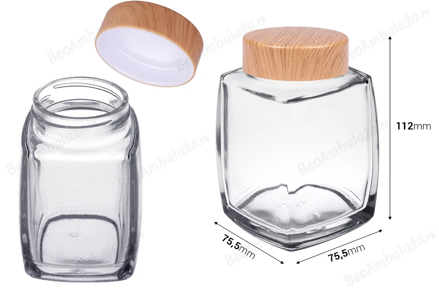 Staklena tegla 280mL sa plastičnim zatvaračem u dezenu drveta - 6 kom-dimenzije_slike