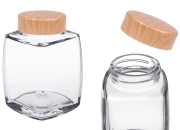 Staklena tegla 360mL sa plastičnim zatvaračem u dezenu drveta - 4 kom