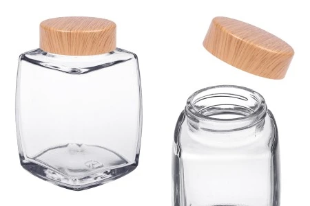 Staklena tegla 360mL sa plastičnim zatvaračem u dezenu drveta - 4 kom-1