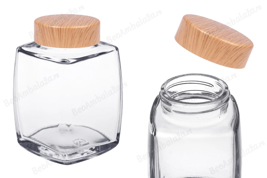 Staklena tegla 360mL sa plastičnim zatvaračem u dezenu drveta - 4 kom-slika_proizvoda