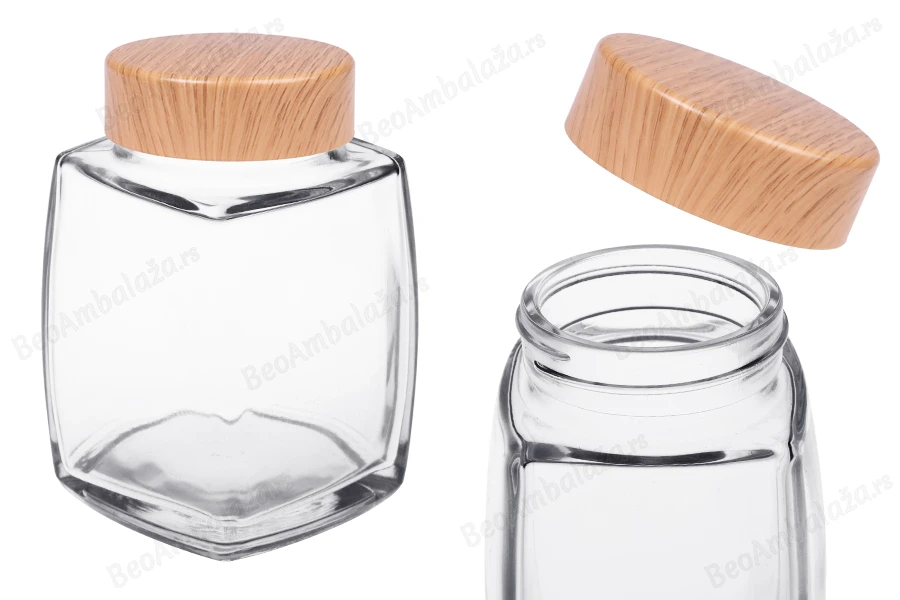 Staklena tegla 500mL sa plastičnim zatvaračem u dezenu drveta - 4 kom-slika_proizvoda