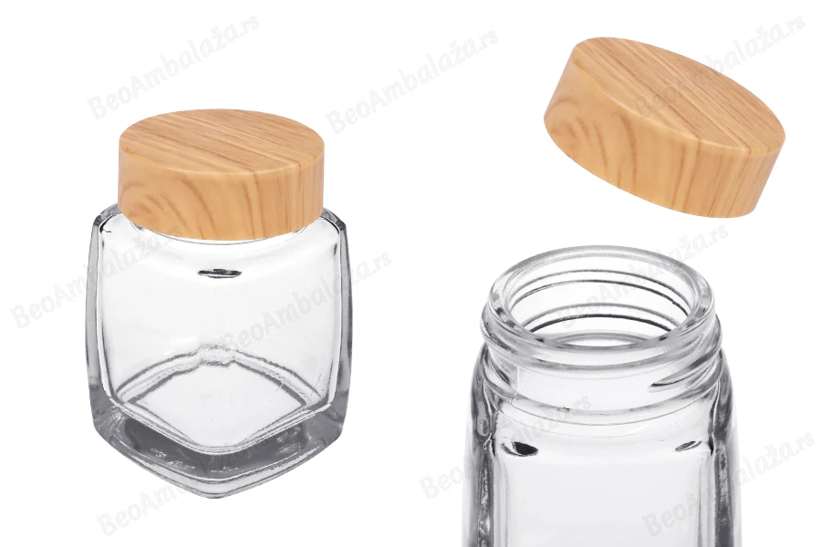 Staklena tegla 50mL sa plastičnim zatvaračem u dezenu drveta - 6 kom-slika_proizvoda