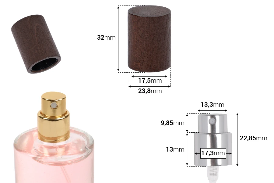 Aluminijumski sprej sa drvenim poklopcem za parfemske bočice sa Crimp sigurnosnim zatvaranjem 15 mm Aluminijumski sprej sa drvenim poklopcem za parfemske bočice sa Crimp sigurnosnim zatvaranjem 15 mm