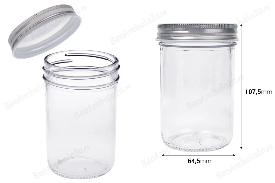 Staklena tegla 250mL sa srebrnim aluminijumskim zatvaračem - 6 kom-dimenzije_slike