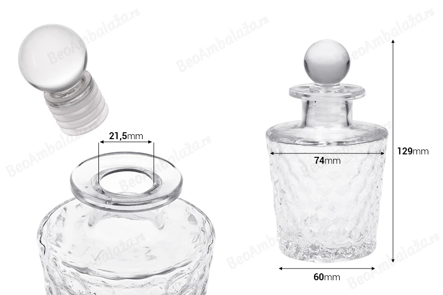 Staklena reljefasta bočica 150 ml sa staklenim čepom-dimenzije_slike