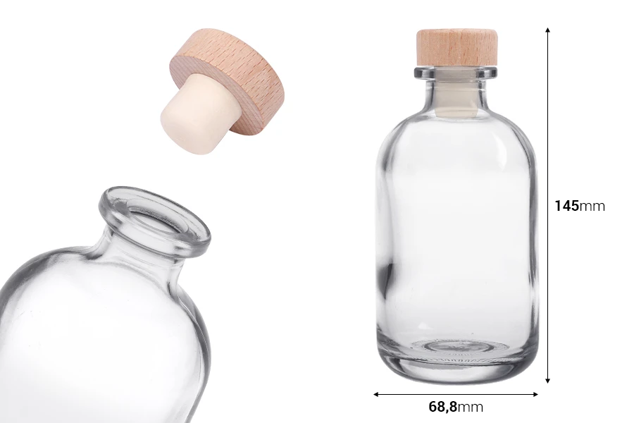 Providna staklena flašica od 250mL sa silikonskim čepom sa drvenom glavom Providna staklena flašica od 250mL sa silikonskim čepom sa drvenom glavom