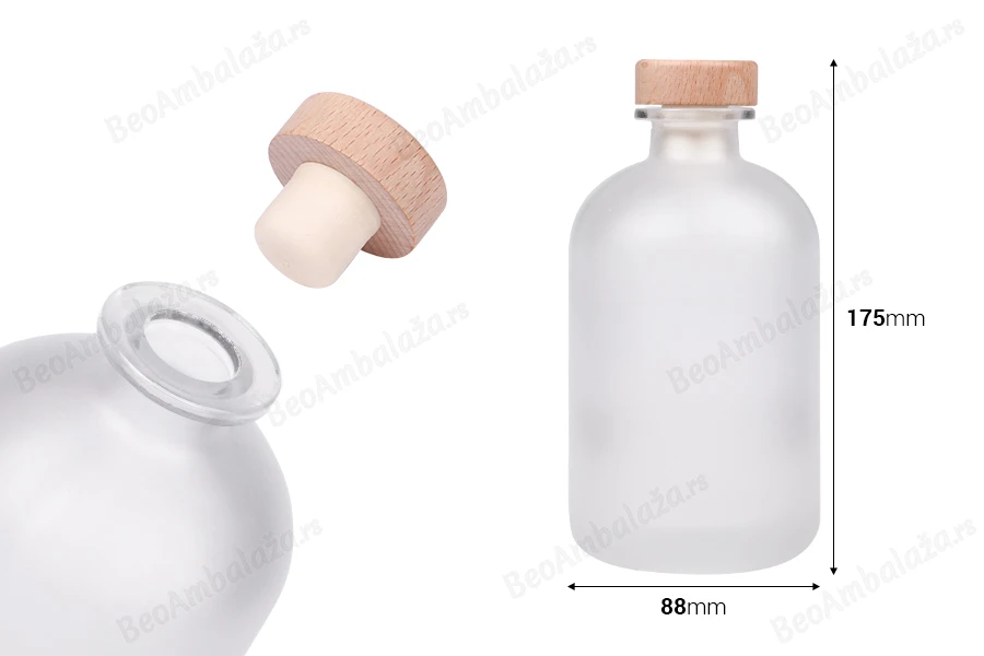 Providna peskirana staklena flaša od 500mL sa silikonskim čepom sa drvenom glavom-dimenzije_slike