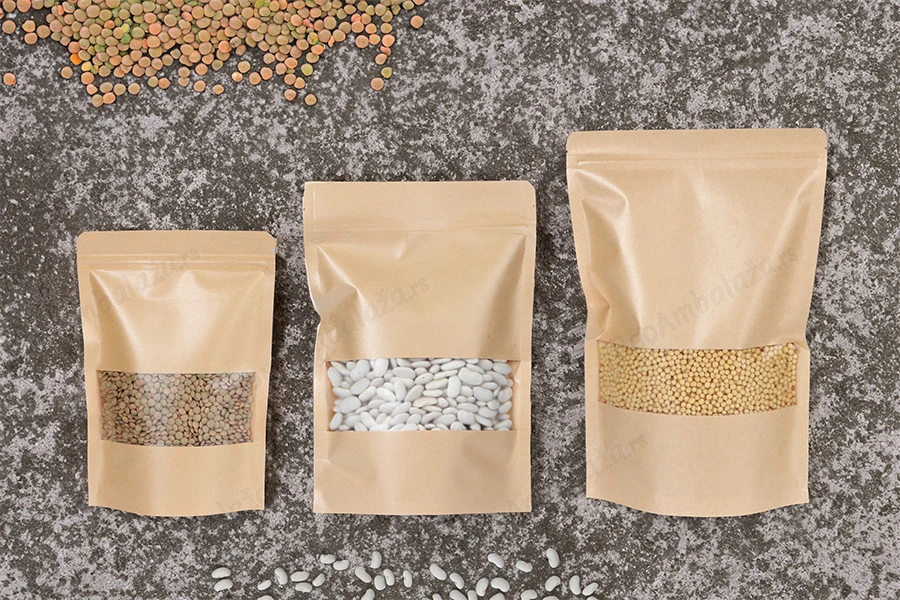 Kraft DoyPack kesice 170x40x240 mm sa zip zatvaranjem i prozorom, unutrašnjom i spoljašnjom providnom oblogom i sa mogućnošću termo zatvaranja - 100 kom-grupa_slika