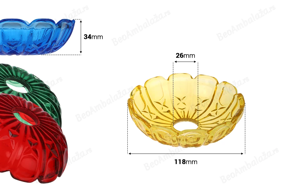 Dekorativna staklena ploča 118x34 mm sa rupom u sredini (26 mm) za sveće, više boja-dimenzije_slike