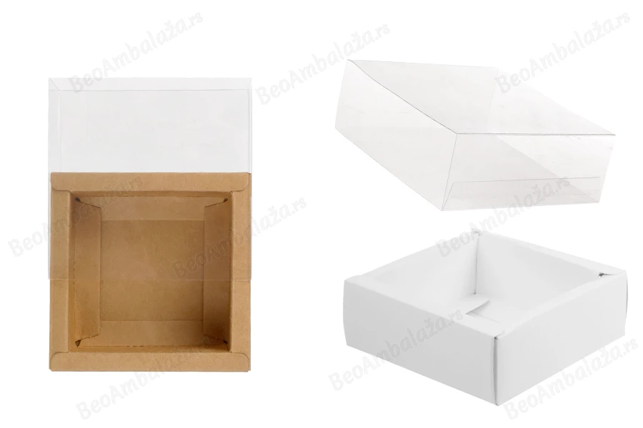 Kartonska kutija (300gsm) za pakovanje 85x85x30 mm na izvlačenje sa providnim spoljašnjim delom, bele ili kraft boje - 12 kom-slika_proizvoda