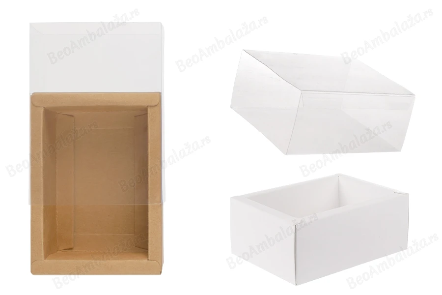 Kartonska kutija (300gsm) za pakovanje 110x80x45 mm na izvlačenje sa providnim spoljašnjim delom, bele ili kraft boje - 12 kom-slika_proizvoda