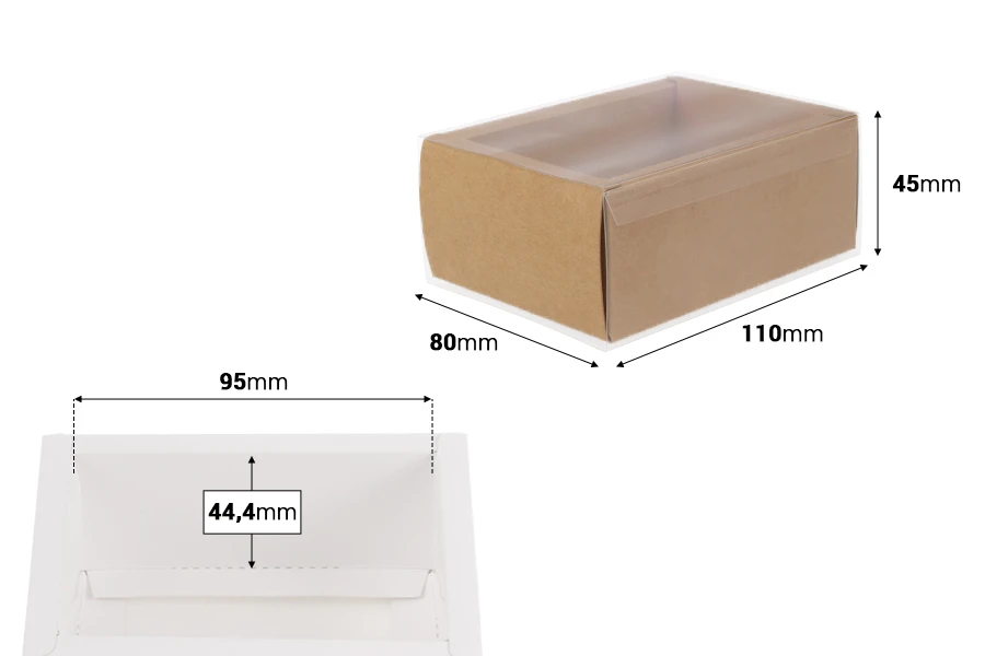 Kartonska kutija (300gsm) za pakovanje 110x80x45 mm na izvlačenje sa providnim spoljašnjim delom, bele ili kraft boje - 12 kom