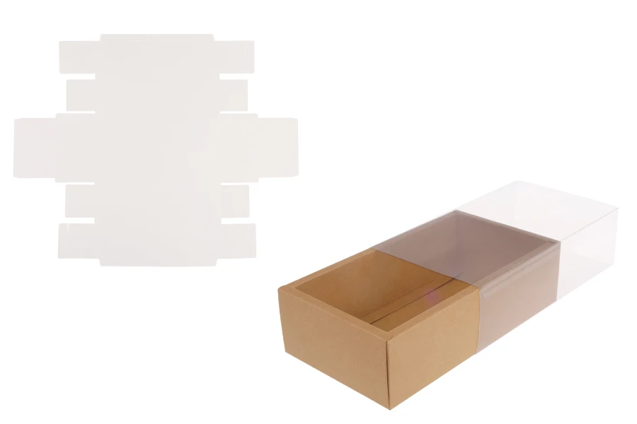 Kartonska kutija (300gsm) za pakovanje 220x120x60 mm na izvlačenje sa providnim spoljašnjim delom, bele ili kraft boje - 12 kom