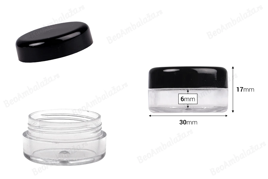 Akrilna providna kutijica 5mL za kreme sa crnim zatvaračem - 12 kom-dimenzije_slike