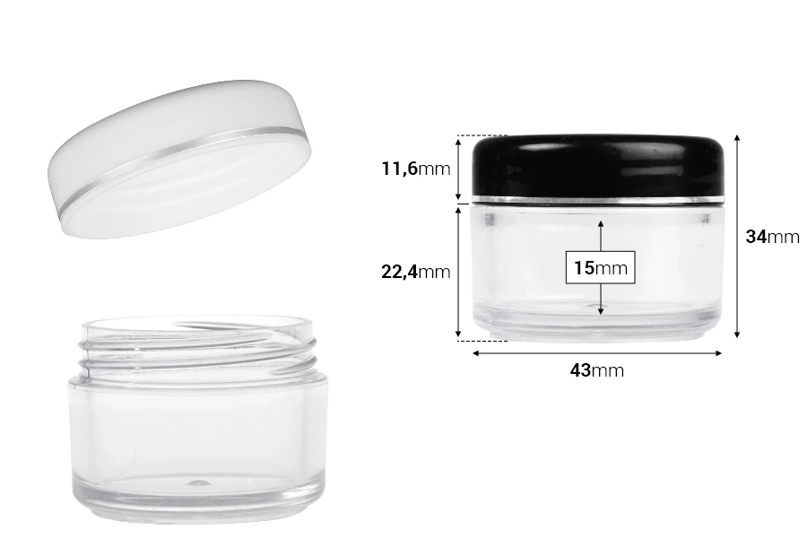 Akrilna providna kutijica 20mL sa belim ili crnim zatvaračem i srebrnom linijom - 12 kom Akrilna providna kutijica 20mL sa belim ili crnim zatvaračem i srebrnom linijom - 12 kom
