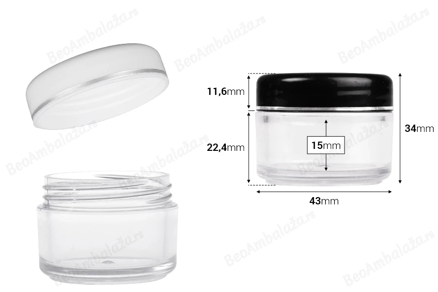 Akrilna providna kutijica 20mL sa belim ili crnim zatvaračem i srebrnom linijom - 12 kom-dimenzije_slike