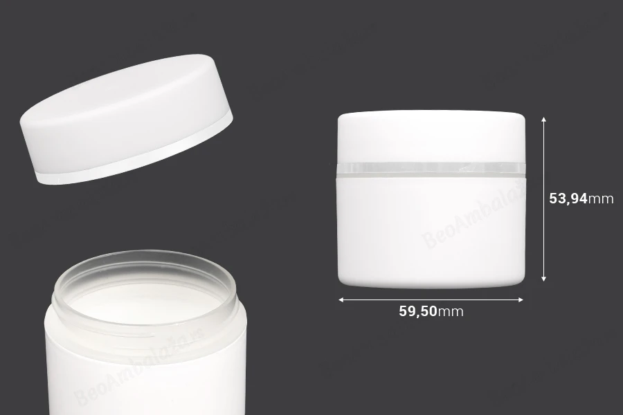 Plastična bela MAT kutijica 50mL, sa zatvaračem sa zaptivkom i širokom srebrnom linijom - 12 kom-dimenzije_slike