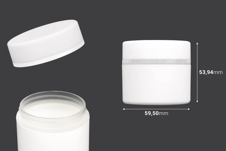 Plastična bela MAT kutijica 50mL, sa zatvaračem sa zaptivkom i širokom srebrnom linijom - 12 kom-dimenzije_slike