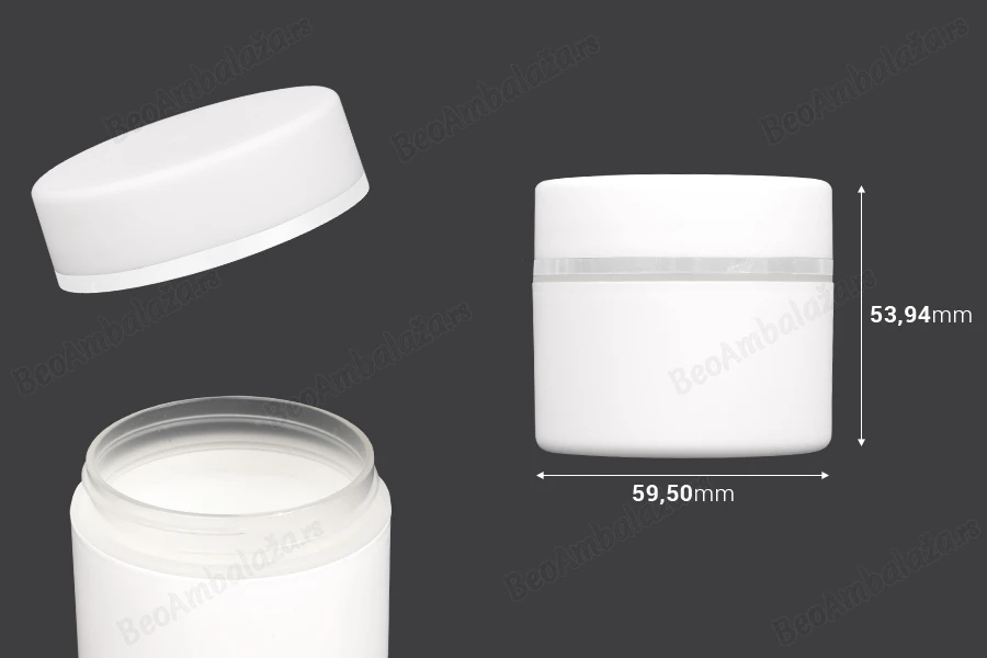 Plastična bela MAT kutijica 50mL, sa zatvaračem sa zaptivkom i širokom srebrnom linijom - 12 kom-dimenzije_slike