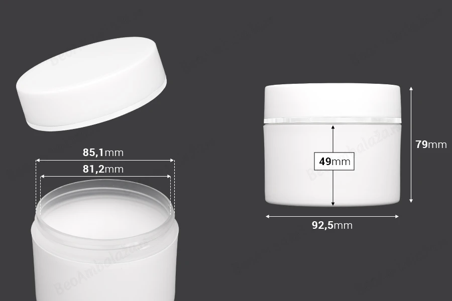 Plastična bela kutija MAT 250mL sa zatvaračem sa širokom srebrnom linijom i zaptivkom - 6 kom-dimenzije_slike