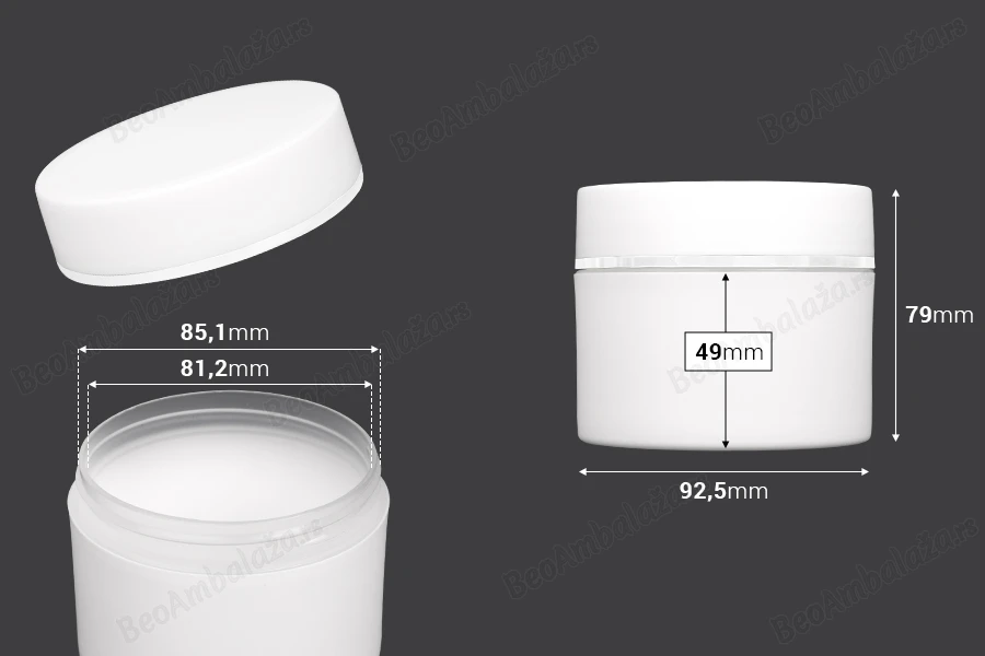 Plastična bela kutija MAT 250mL sa zatvaračem sa širokom srebrnom linijom i zaptivkom - 6 kom-dimenzije_slike