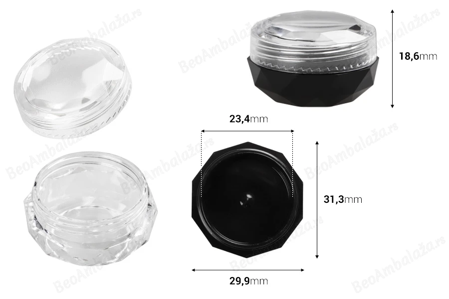 Akrilna višeugaona kutijica 5mL sa providnim zatvaračem - 12 kom-dimenzije_slike
