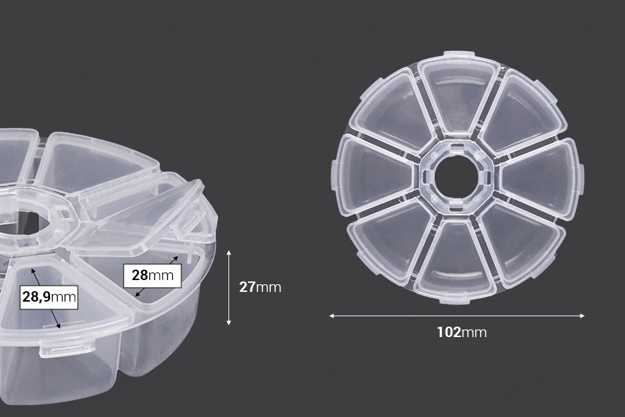 Plastična okrugla kutijica sa 8 mesta, za šljokice i kozmetičku upotrebu-dimenzije_slike