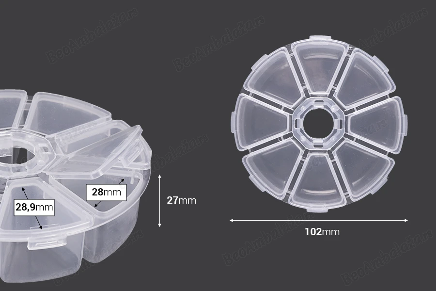 Plastična okrugla kutijica sa 8 mesta, za šljokice i kozmetičku upotrebu-dimenzije_slike