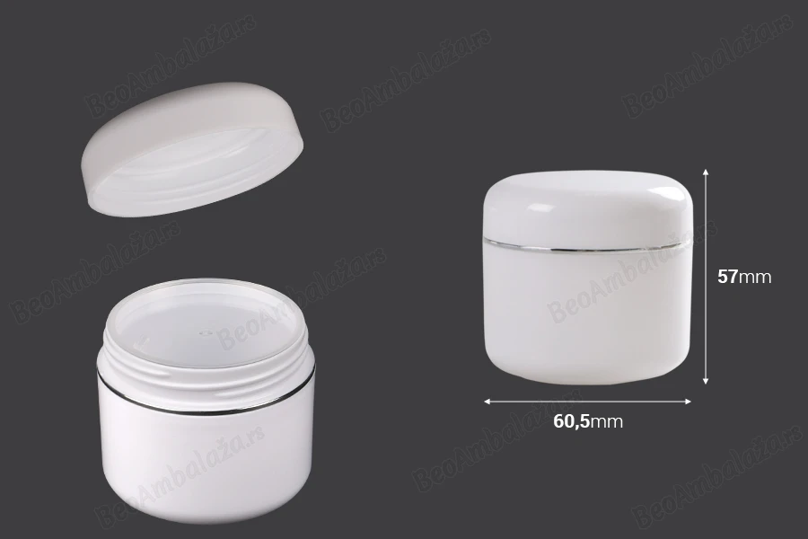 Plastična bela kutijica sa srebrnom linijom 50mL sa duplim dnom, međupoklopcem i zatvaračem - 12 kom-dimenzije_slike