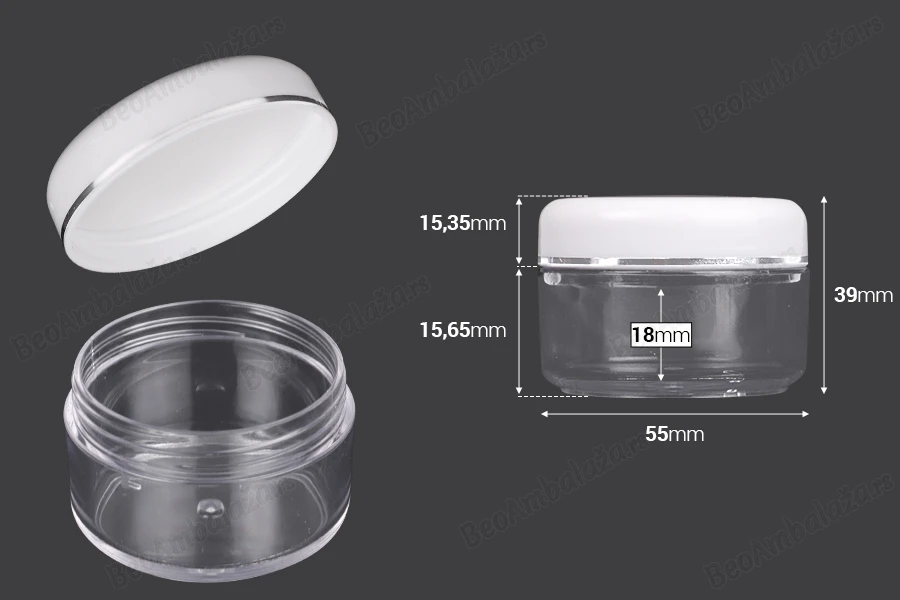 Akrilna providna kutijica 50mL sa belim zatvaračem i srebrnom linijom - 12 kom-dimenzije_slike