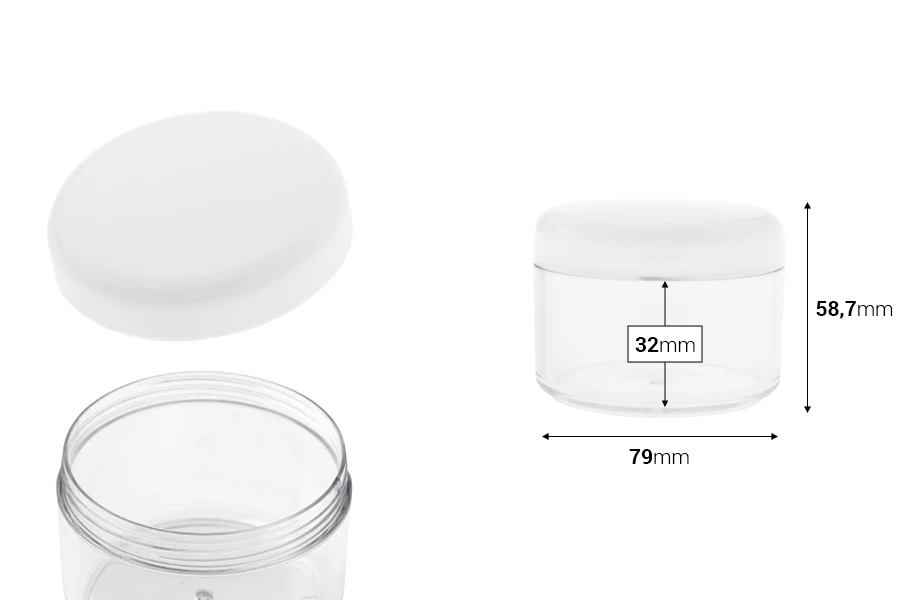 Akrilna providna kutija 200mL sa belim zatvaračem i srebrnom linijom - 12 kom Akrilna providna kutija 200mL sa belim zatvaračem i srebrnom linijom - 12 kom