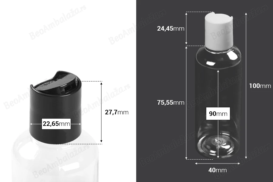 Providna PET flašica 100mL sa belim ili crnim disk top zatvaračem - 12 kom-dimenzije_slike