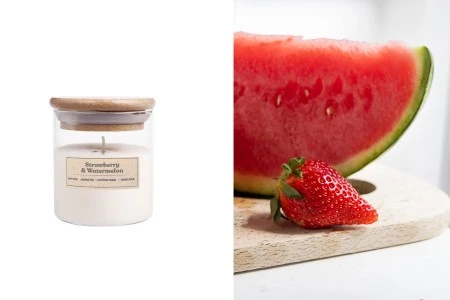 Jagoda i lubenica - Aromatična sveća od sojinog voska sa drvenim fitiljem (110gr)-slika_proizvoda