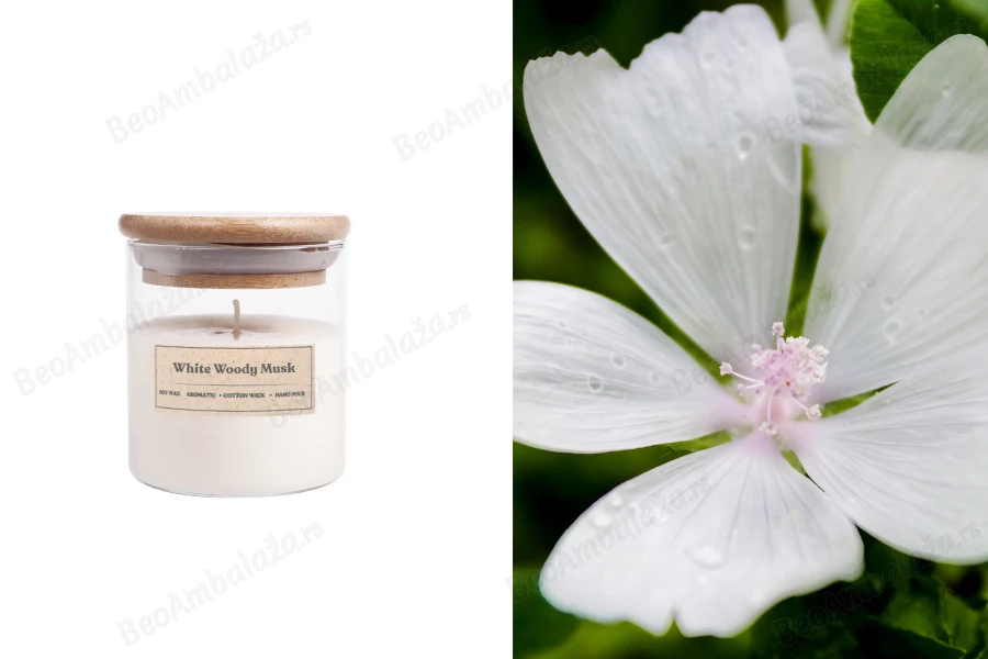 White Woody Musk - Aromatična sveća od sojinog voska sa pamučnim fitiljem (110gr)-slika_proizvoda