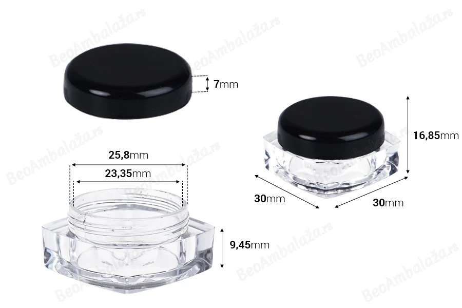 Akrilna četvrtasta kutijica 5mL za kreme sa crnim zatvaračem - 12 kom-dimenzije_slike