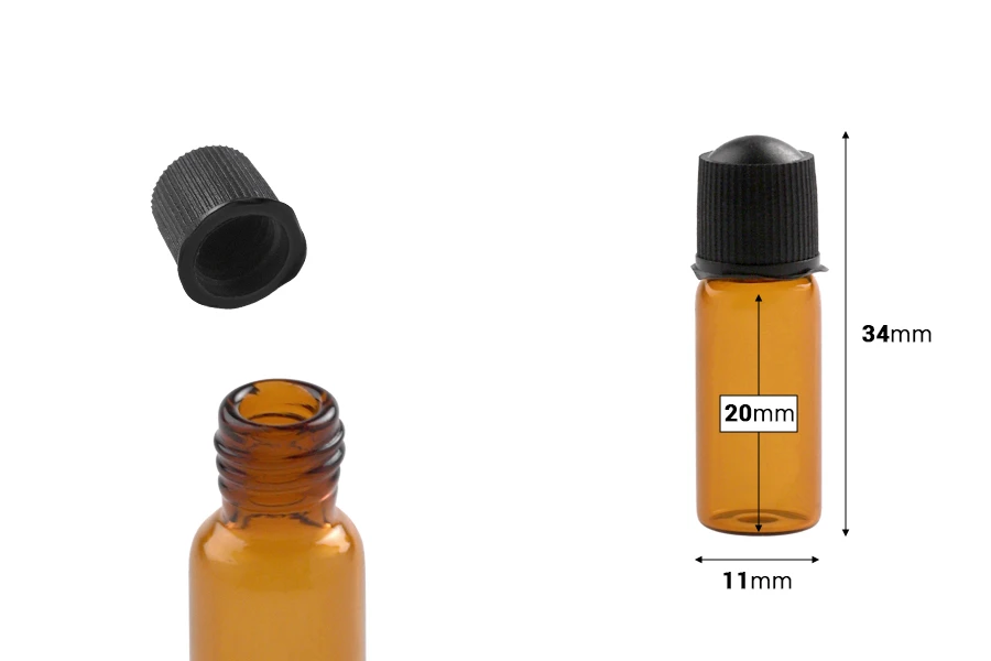 Mini staklena bočica 1mL u karamel boji sa crnim zatvaračem - 25 kom-dimenzije_slike